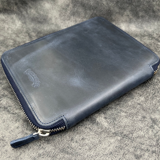 Galen Leather Zippered 10 Slots Pen Case with A5 Notebook Holder - Crazy Horse Navy Blue