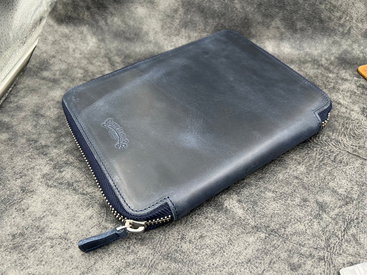 Galen Leather Zippered 10 Slots Pen Case with A5 Notebook Holder - Crazy Horse Navy Blue