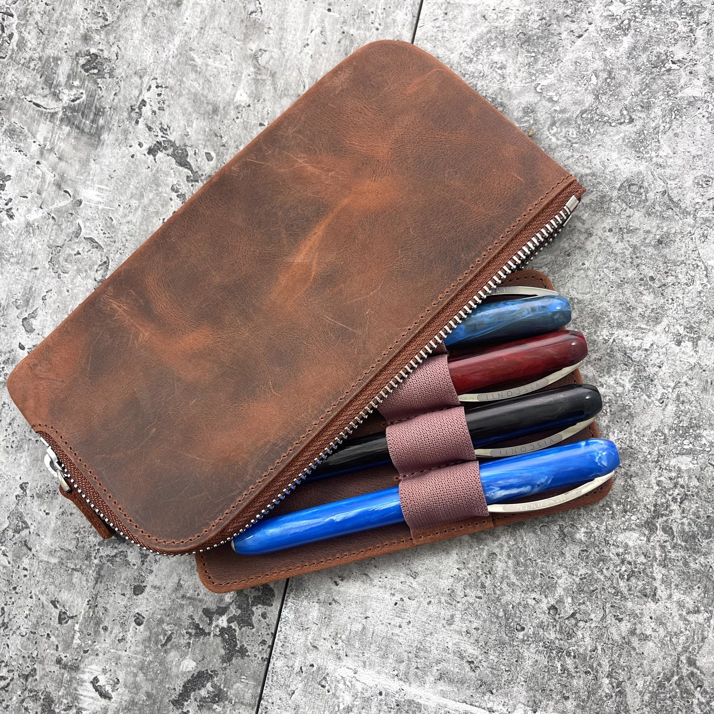 Galen Leather Zippered 4 Slots Slip-n-Zip Pen Pouch - Crazy Horse Orange