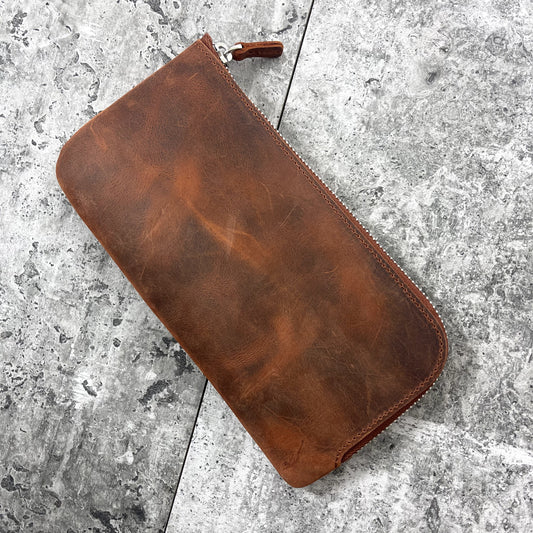 Galen Leather Zippered 4 Slots Slip-n-Zip Pen Pouch - Crazy Horse Orange