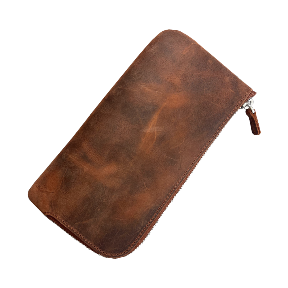 Galen Leather Zippered 4 Slots Slip-n-Zip Pen Pouch - Crazy Horse Orange