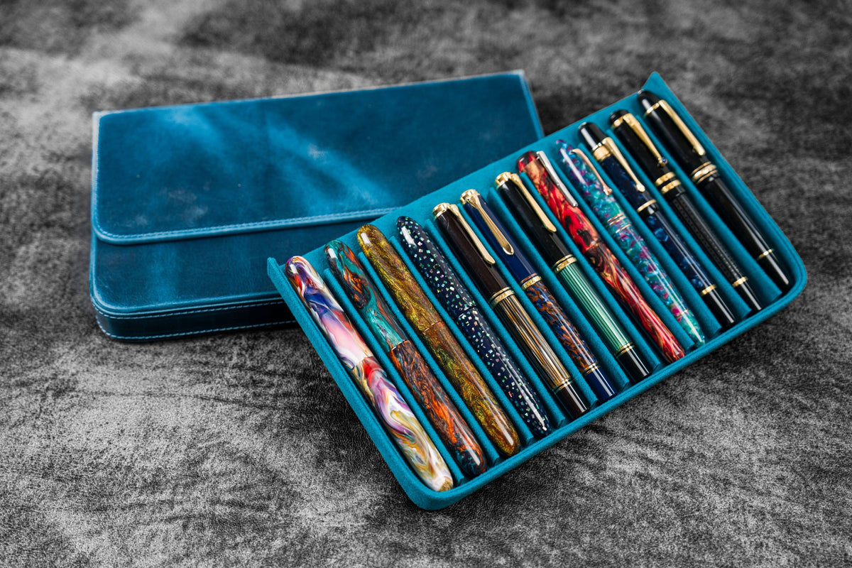 Galen Leather 12 Slots Magnum Opus Pen Case - Crazy Ocean Blue (with Removable Pen Tray)