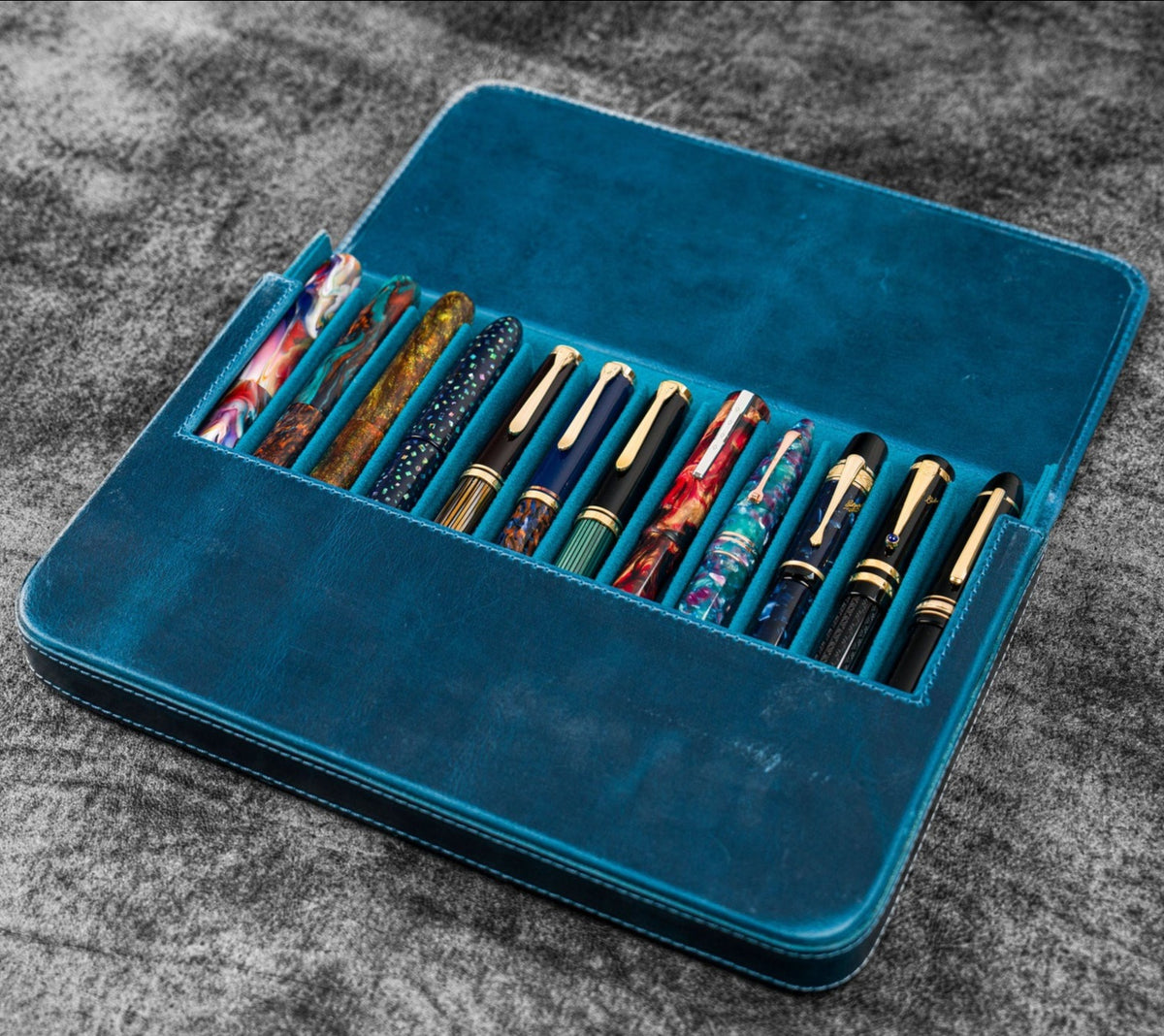Galen Leather 12 Slots Magnum Opus Pen Case - Crazy Ocean Blue (with Removable Pen Tray)