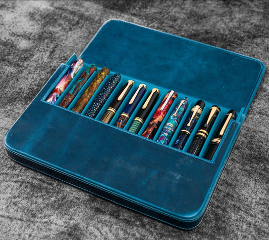 Galen Leather 12 Slots Magnum Opus Pen Case - Crazy Ocean Blue (with Removable Pen Tray)