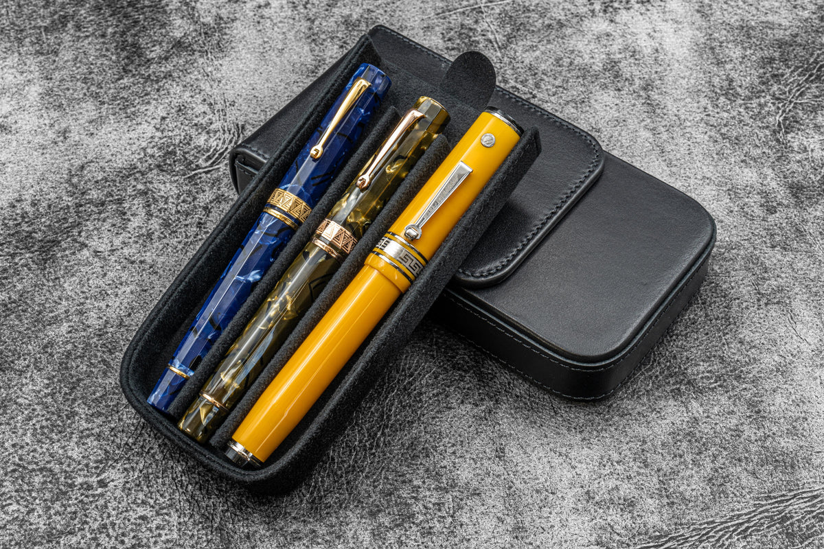 Galen Leather 3 Slots Magnum Opus Pen Case - Black (with Removable Pen Tray)