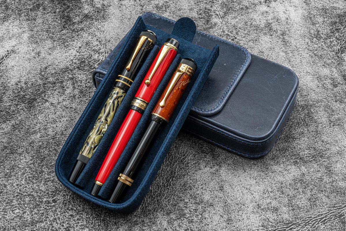 Galen Leather 3 Slots Magnum Opus Pen Case - Crazy Horse Navy Blue (with Removable Pen Tray)