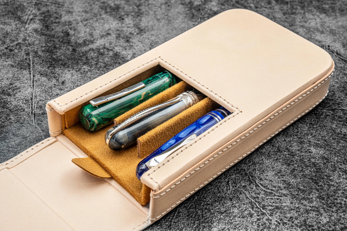 Galen Leather 3 Slots Magnum Opus Pen Case - Undyed (with Removable Pen Tray)