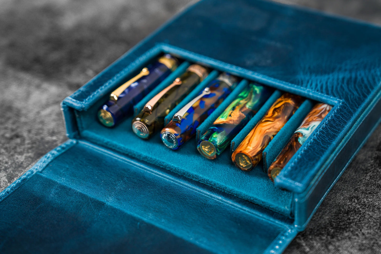 Galen Leather 6 Slots Magnum Opus Pen Case - Crazy Ocean Blue (with Removable Tray)