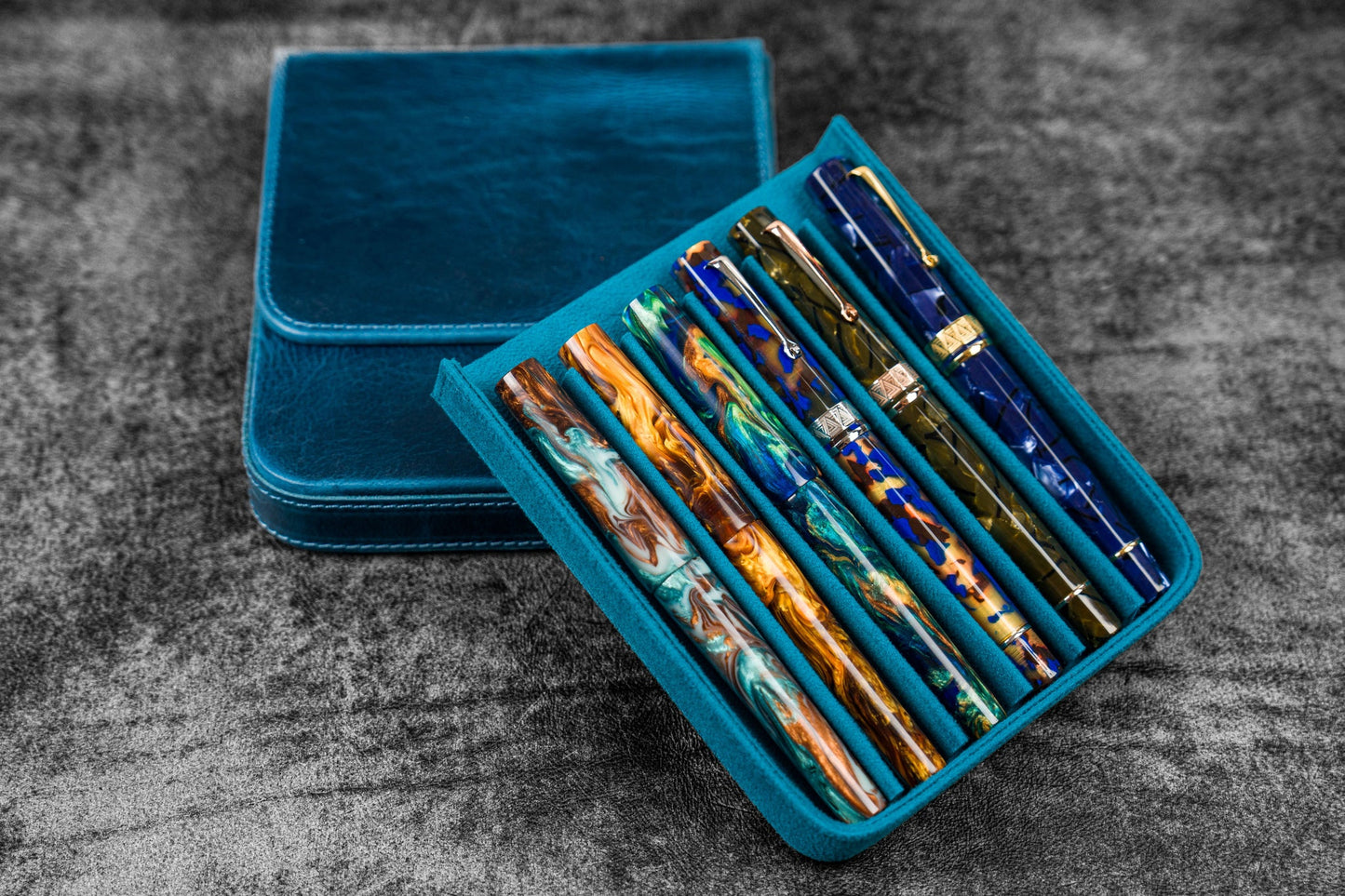 Galen Leather 6 Slots Magnum Opus Pen Case - Crazy Ocean Blue (with Removable Tray)
