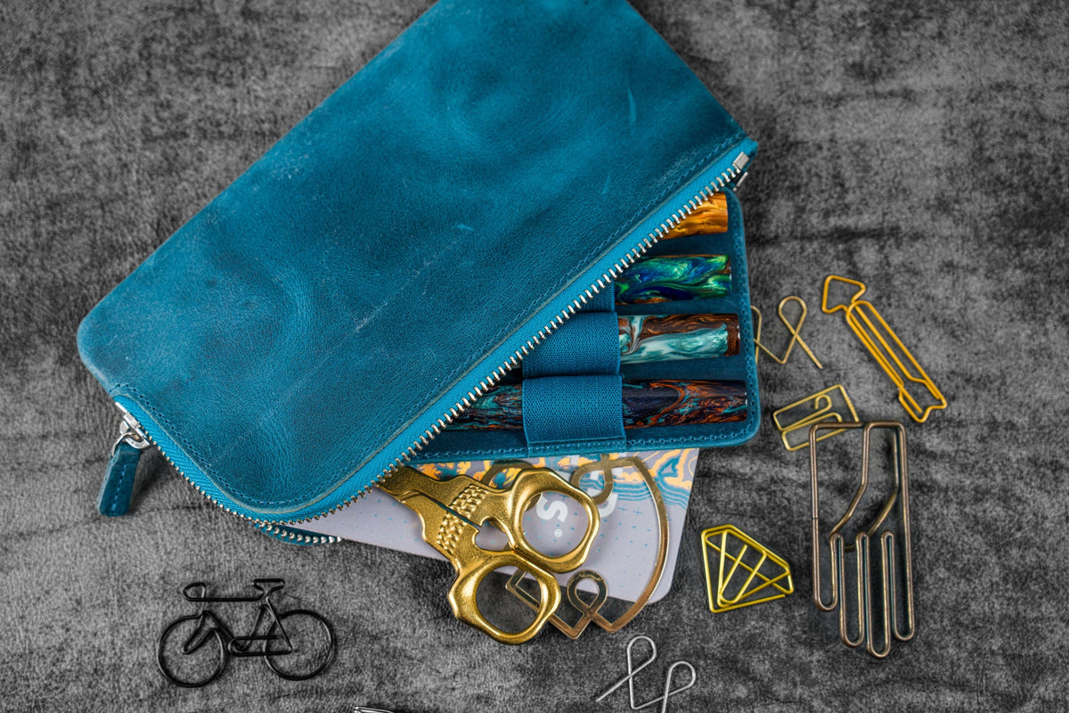 Galen Leather Zippered 4 Slots Slip-n-Zip Pen Pouch - Crazy Horse Ocean Blue