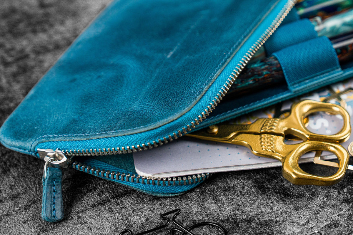 Galen Leather Zippered 4 Slots Slip-n-Zip Pen Pouch - Crazy Horse Ocean Blue