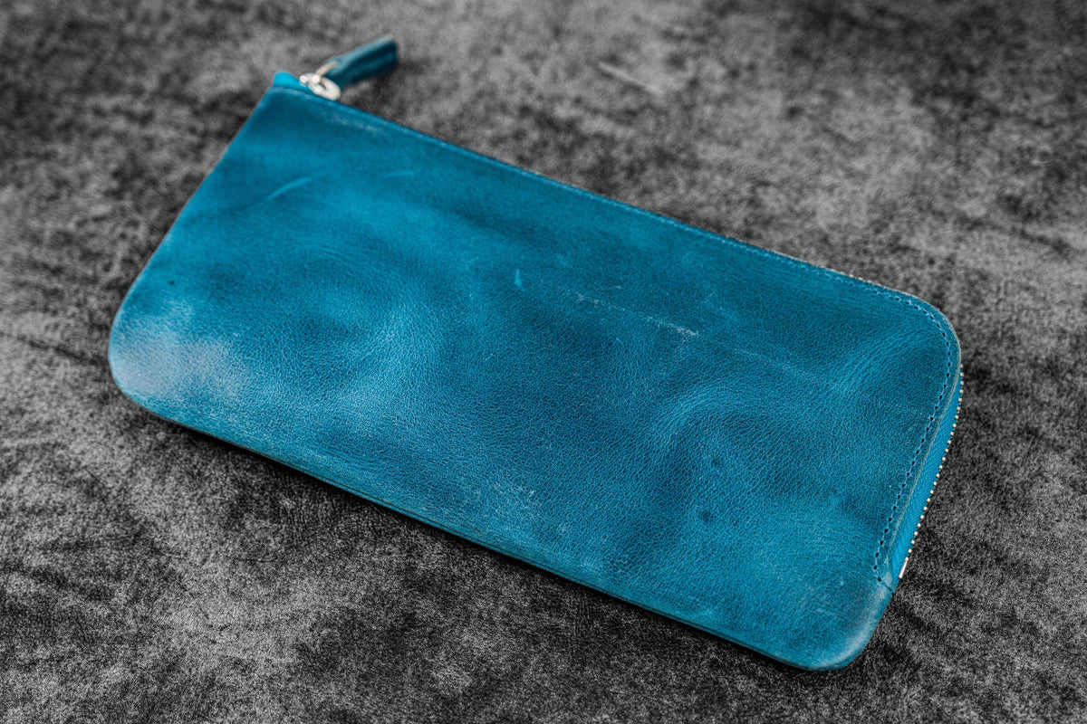 Galen Leather Zippered 4 Slots Slip-n-Zip Pen Pouch - Crazy Horse Ocean Blue