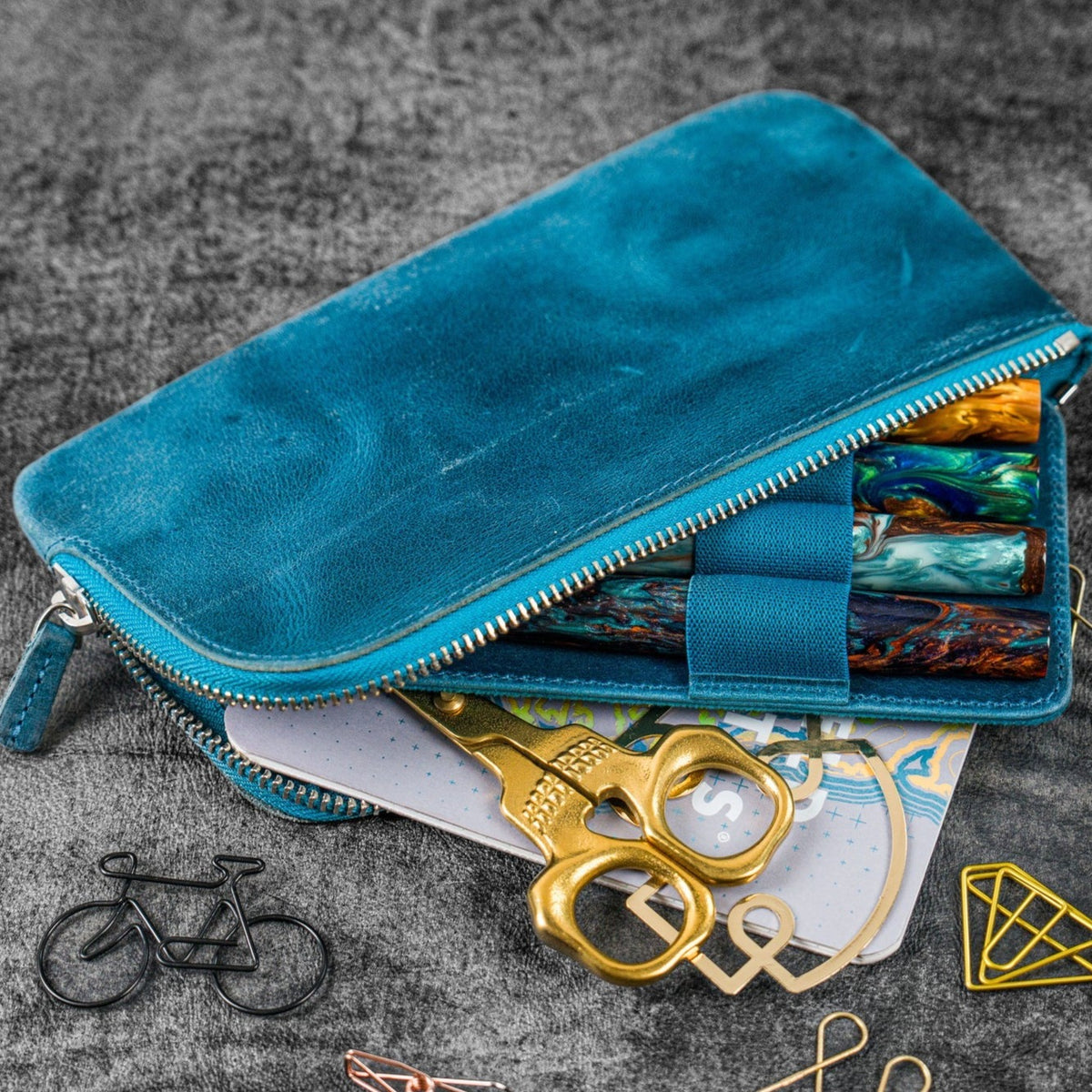 Galen Leather Zippered 4 Slots Slip-n-Zip Pen Pouch - Crazy Horse Ocean Blue