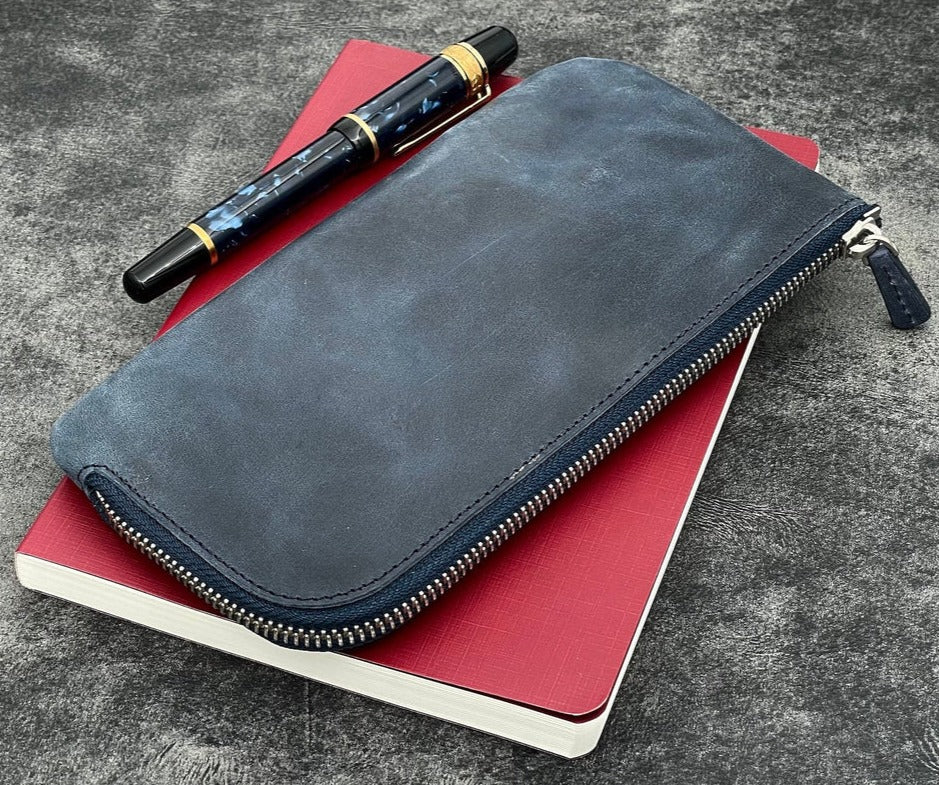 Galen Leather Zippered 4 Slots Slip-n-Zip Pen Pouch - Crazy Horse Navy Blue