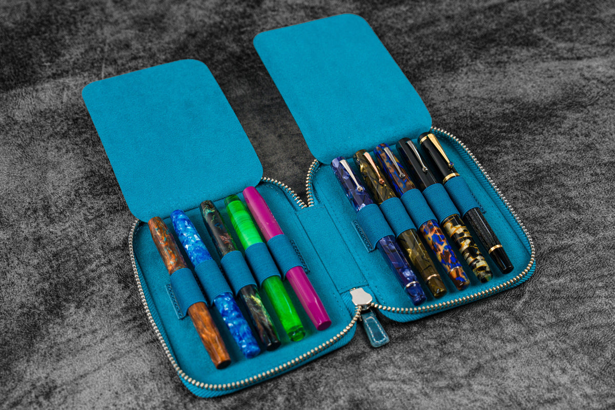 Galen Leather Zippered 10 Slots Pen Case - Crazy Horse Ocean Blue