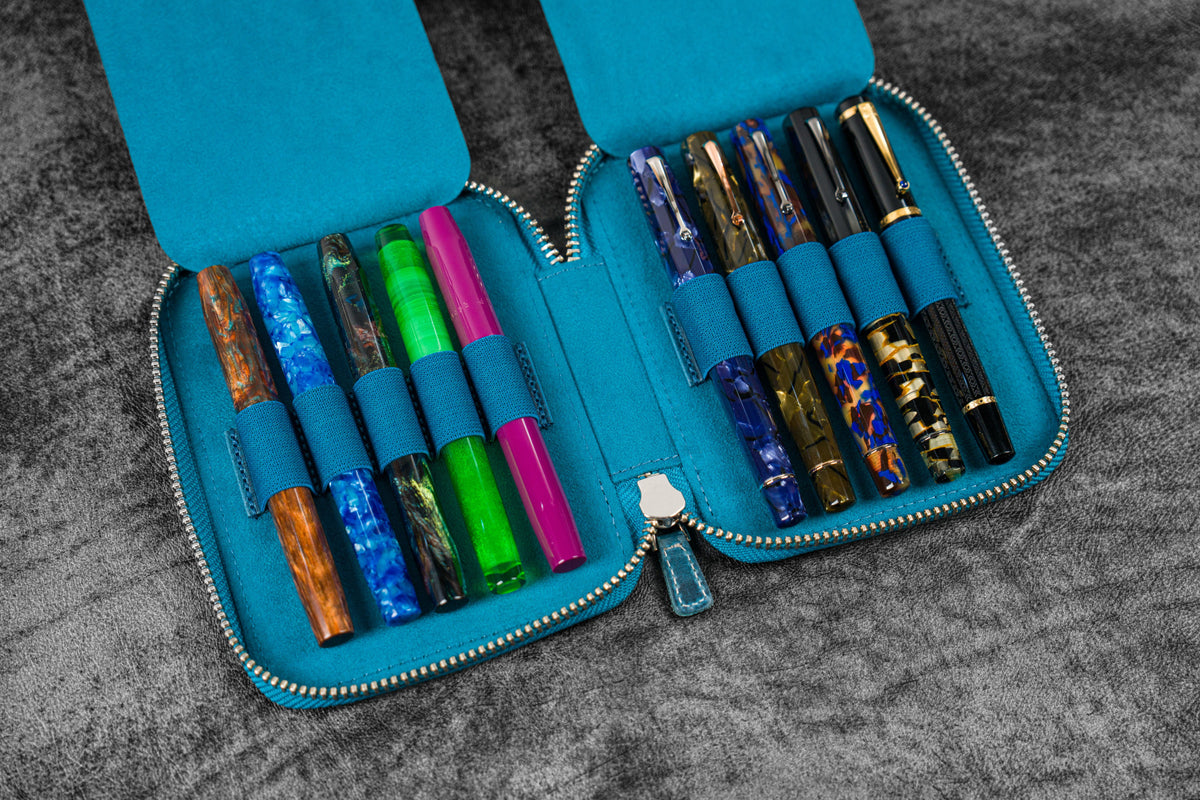 Galen Leather Zippered 10 Slots Pen Case - Crazy Horse Ocean Blue
