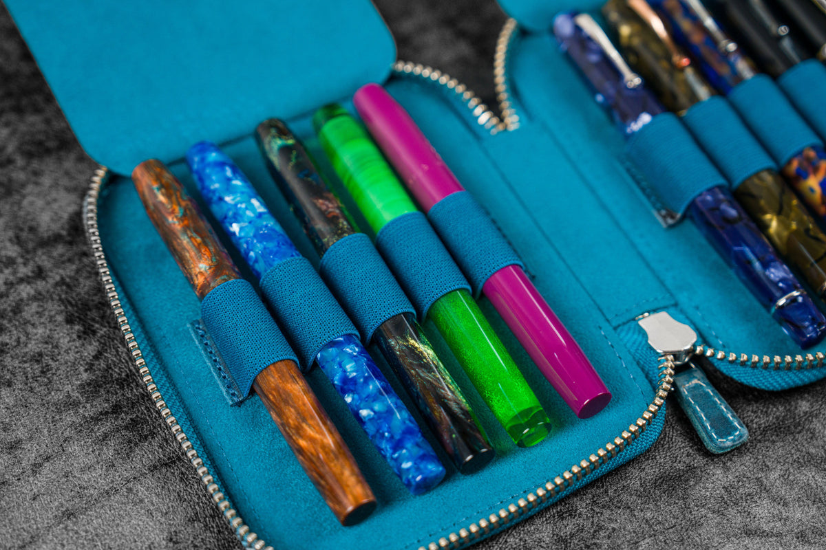 Galen Leather Zippered 10 Slots Pen Case - Crazy Horse Ocean Blue