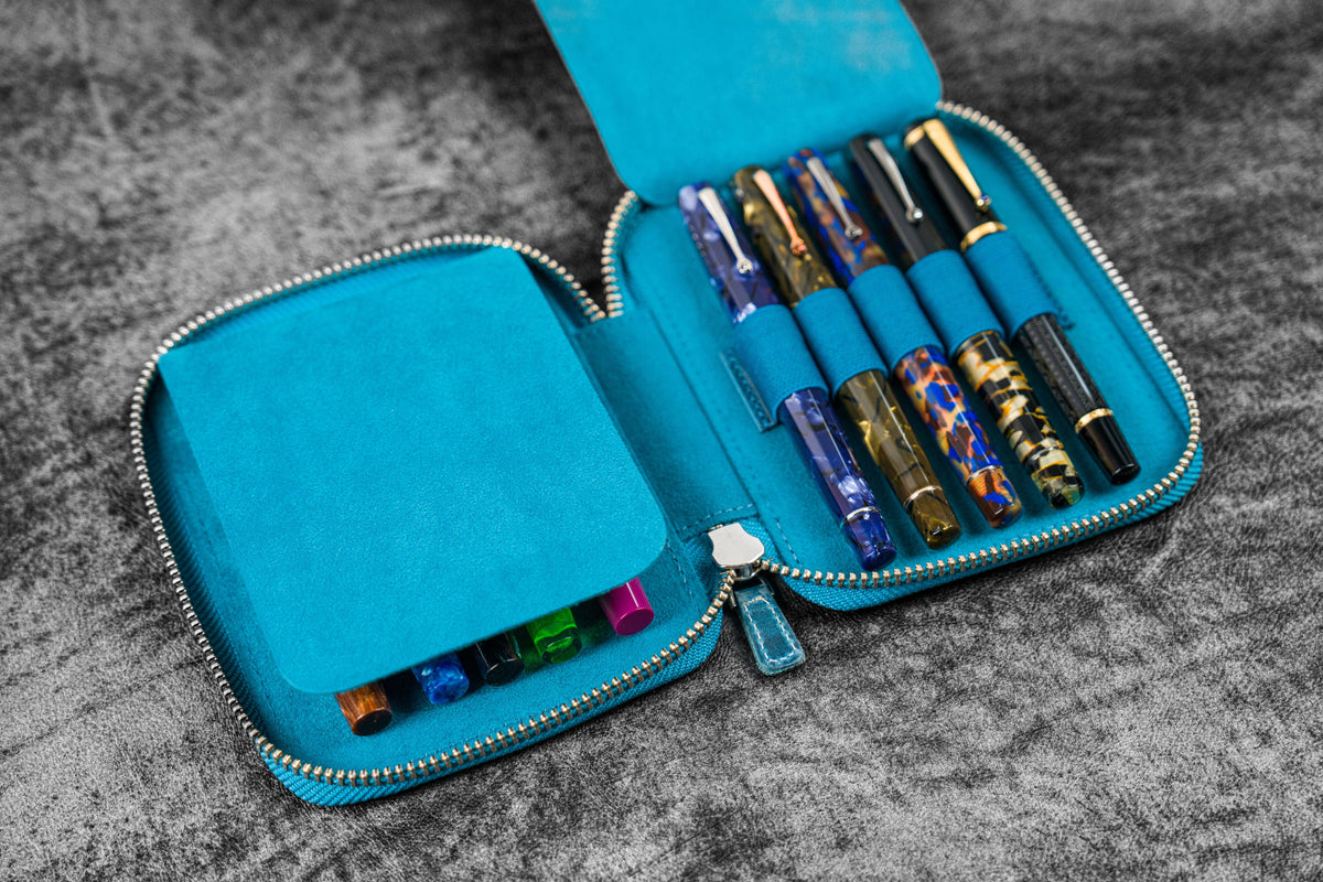 Galen Leather Zippered 10 Slots Pen Case - Crazy Horse Ocean Blue