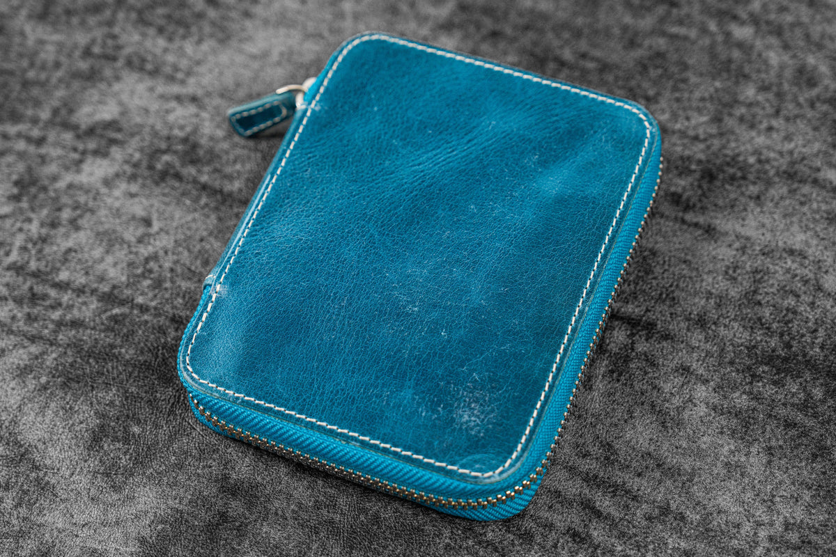 Galen Leather Zippered 10 Slots Pen Case - Crazy Horse Ocean Blue