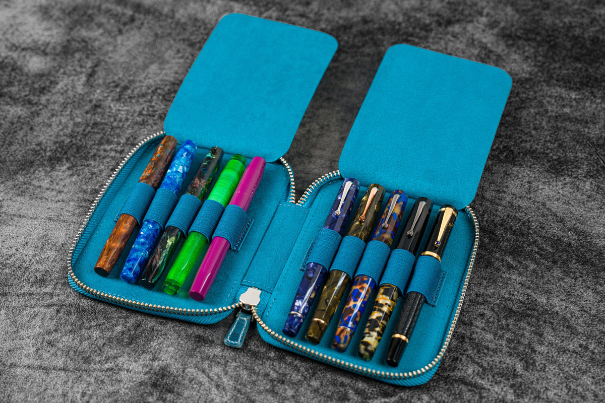 Galen Leather Zippered 10 Slots Pen Case - Crazy Horse Ocean Blue