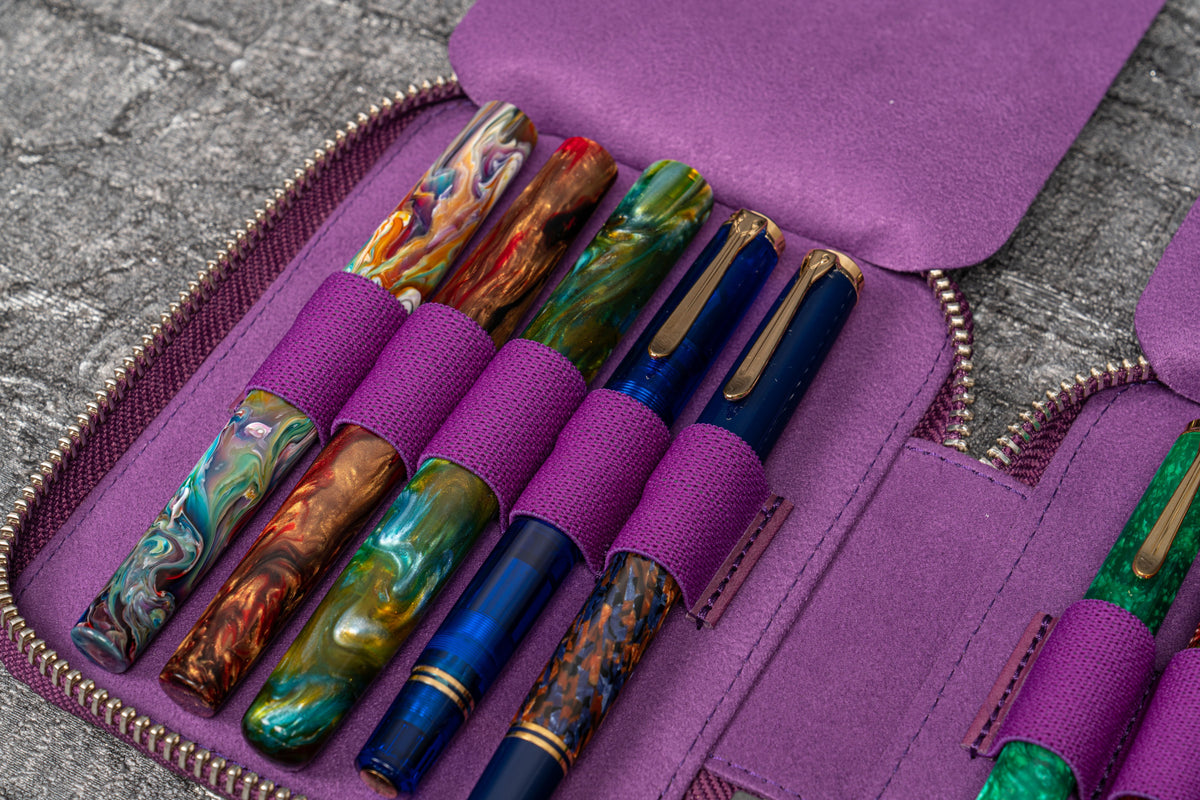 Galen Leather Zippered 10 Slots Pen Case - Purple