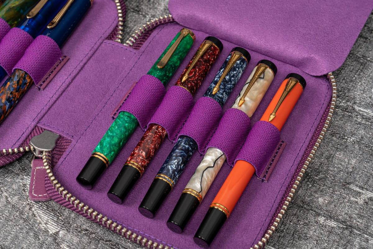 Galen Leather Zippered 10 Slots Pen Case - Purple