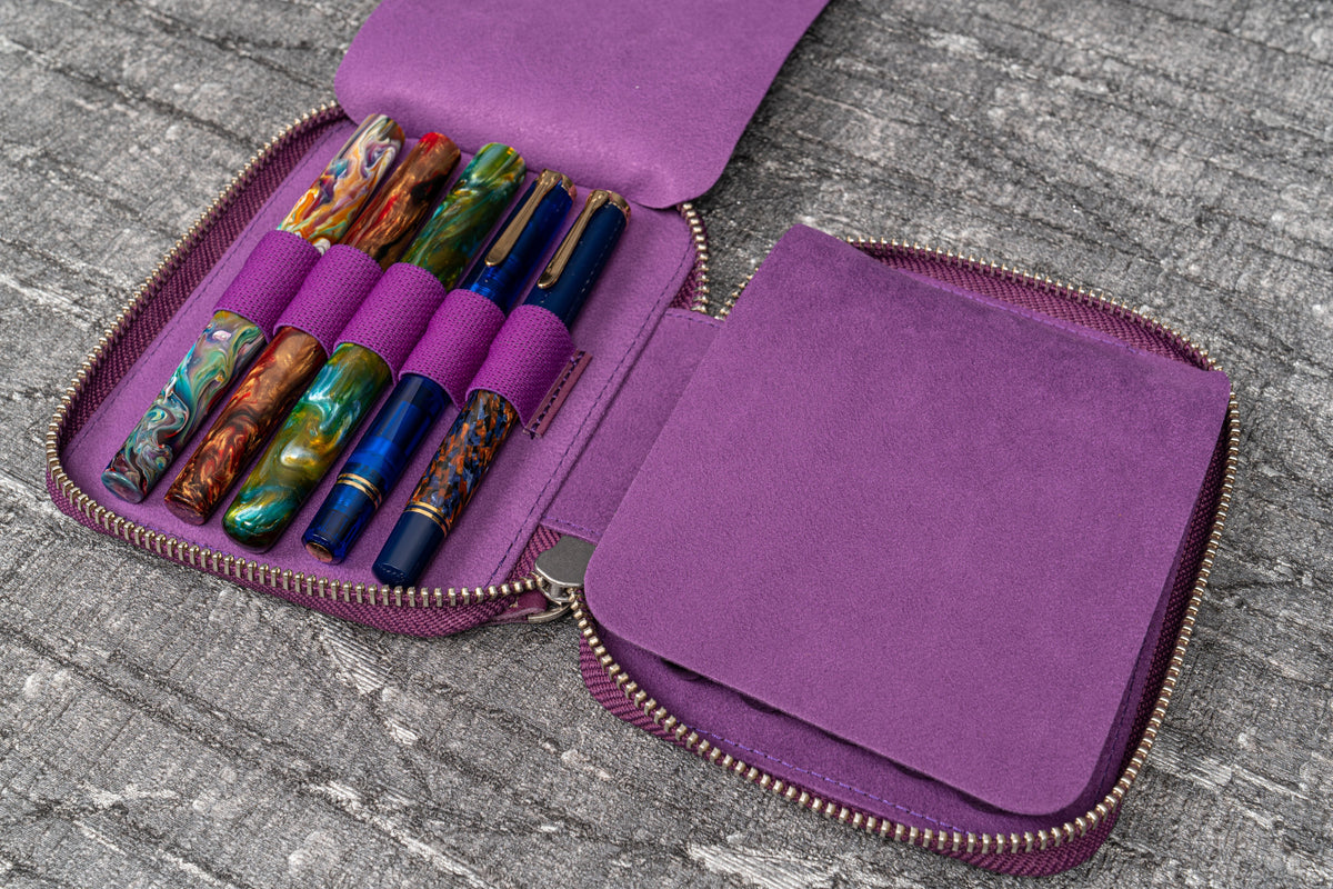Galen Leather Zippered 10 Slots Pen Case - Purple