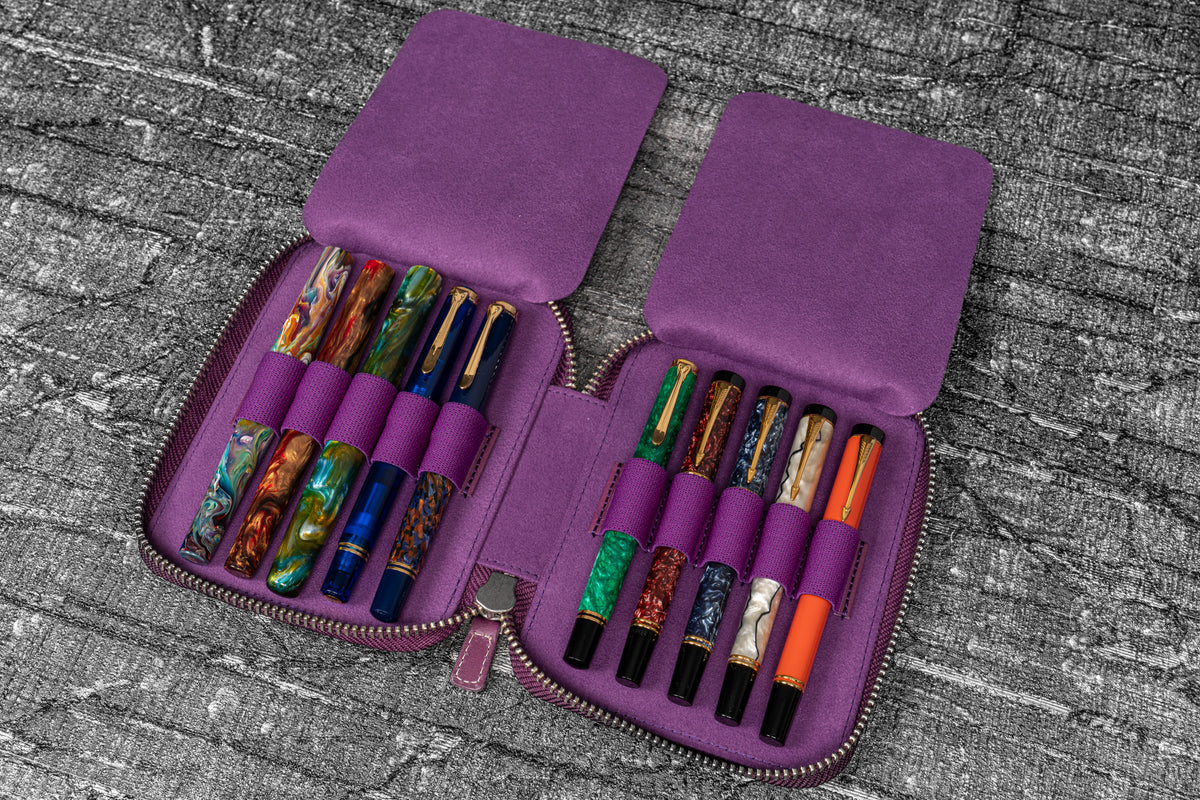 Galen Leather Zippered 10 Slots Pen Case - Purple