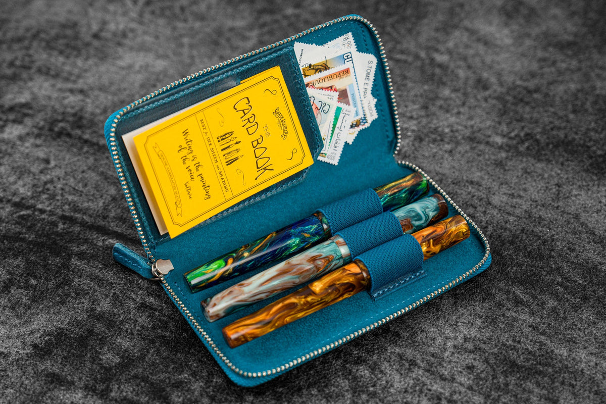 Galen Leather Zippered 3 Slots Pen Case - Crazy Horse Ocean Blue