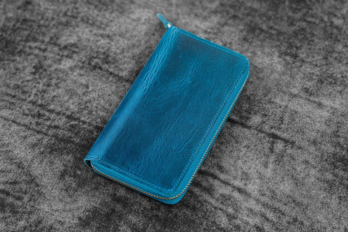 Galen Leather Zippered 3 Slots Pen Case - Crazy Horse Ocean Blue
