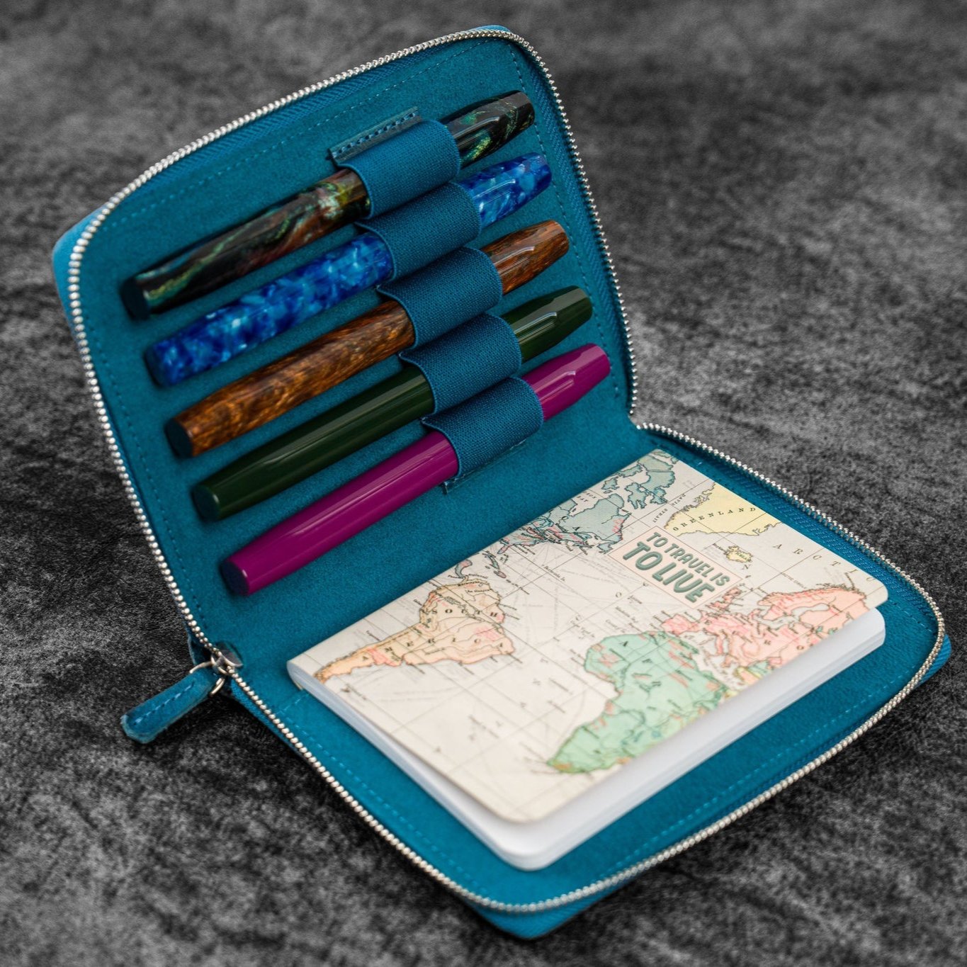 Galen Leather Zippered 5 Slots Pen Case - Crazy Horse Ocean Blue