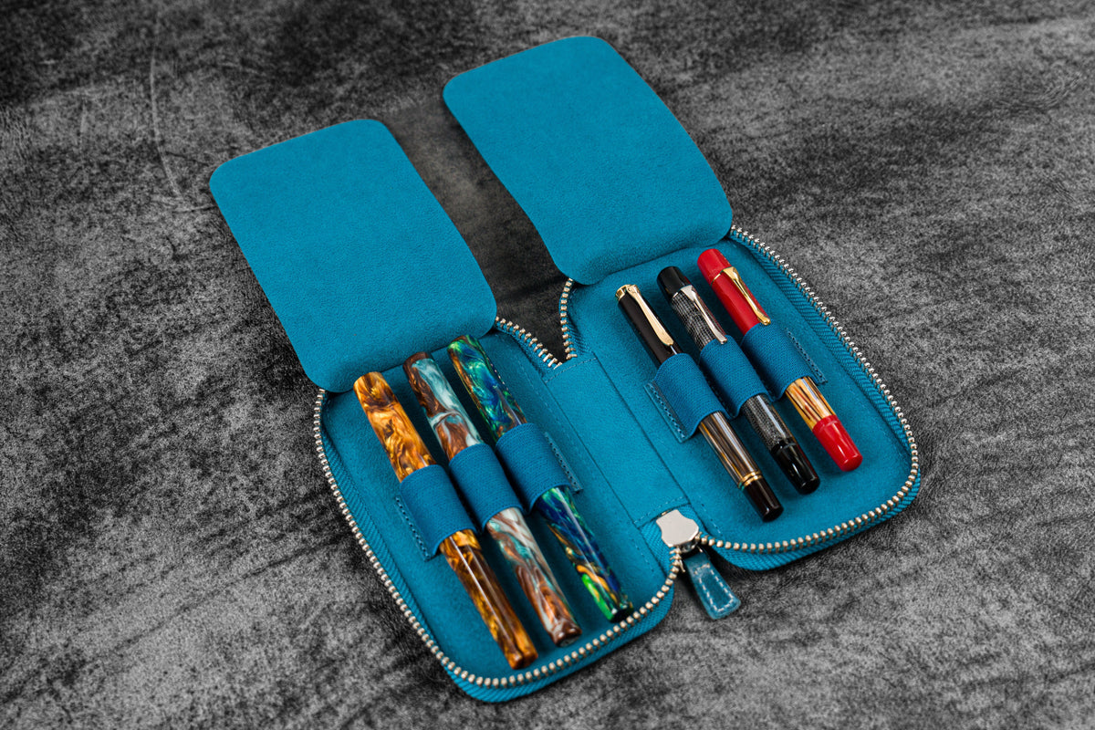 Galen Leather Zippered 6 Slots Pen Case - Crazy Horse Ocean Blue