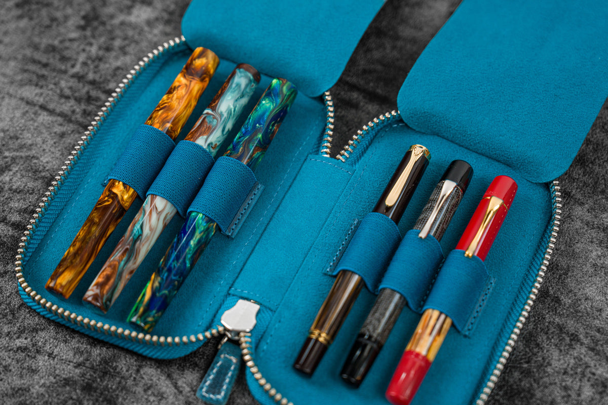 Galen Leather Zippered 6 Slots Pen Case - Crazy Horse Ocean Blue