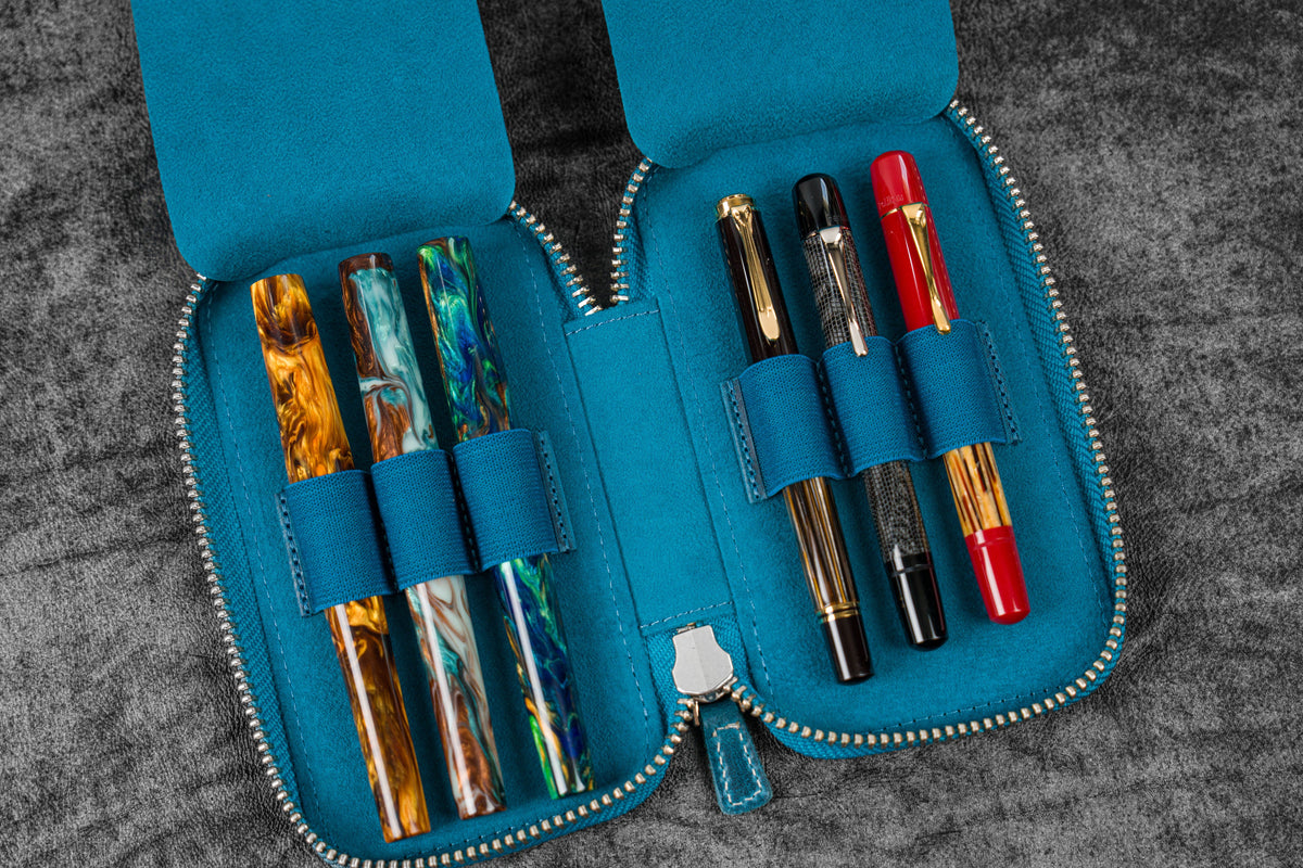 Galen Leather Zippered 6 Slots Pen Case - Crazy Horse Ocean Blue
