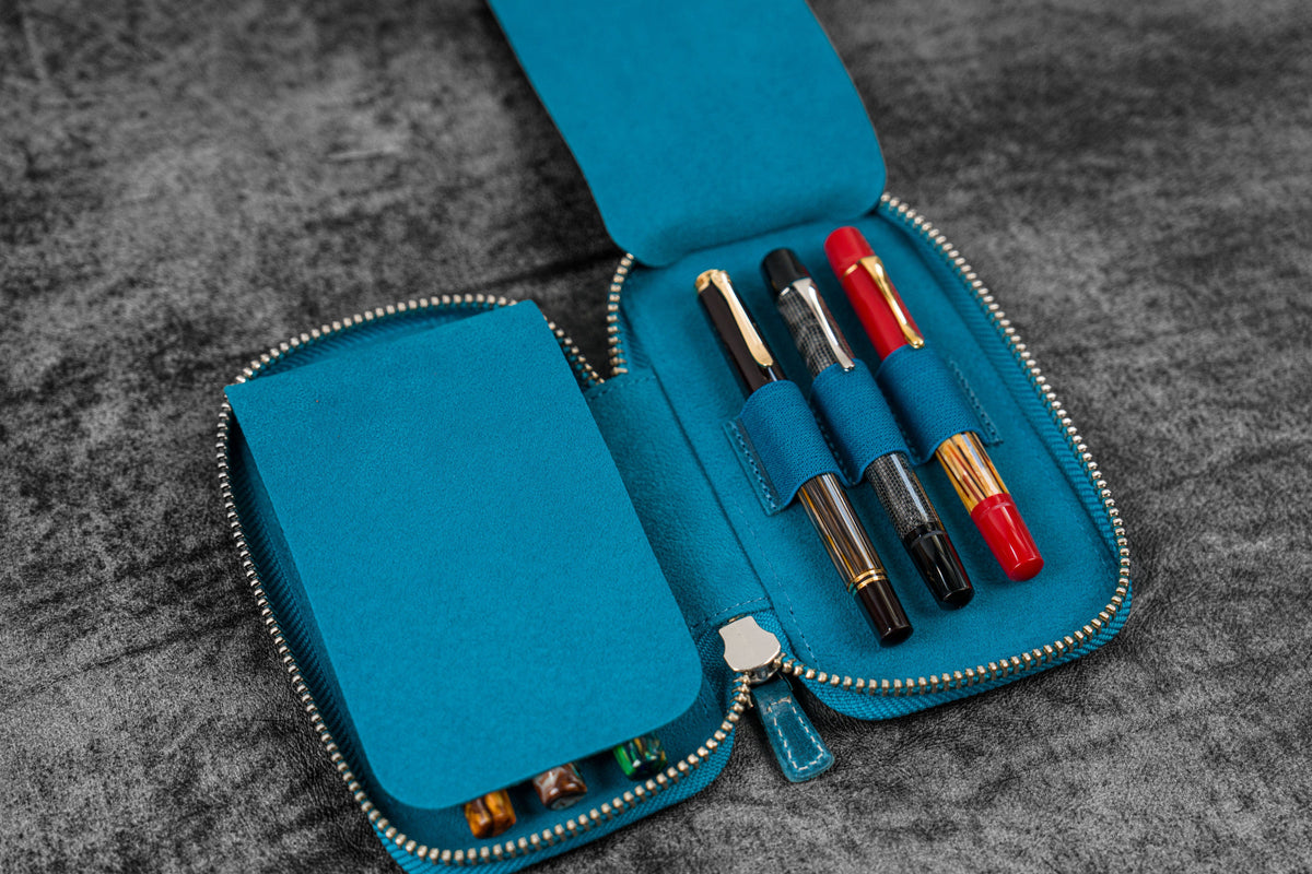 Galen Leather Zippered 6 Slots Pen Case - Crazy Horse Ocean Blue