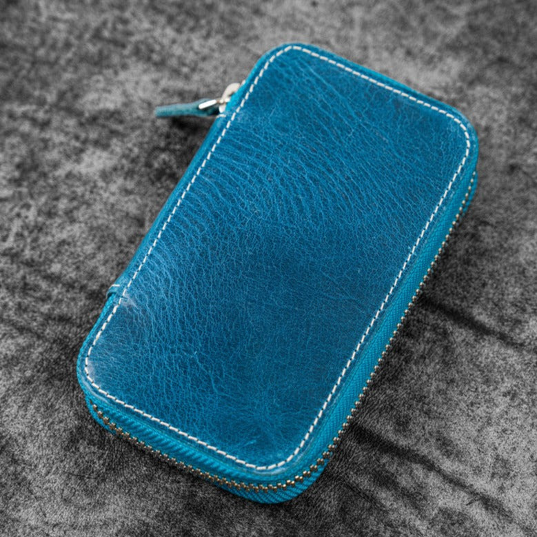 Galen Leather Zippered 6 Slots Pen Case - Crazy Horse Ocean Blue