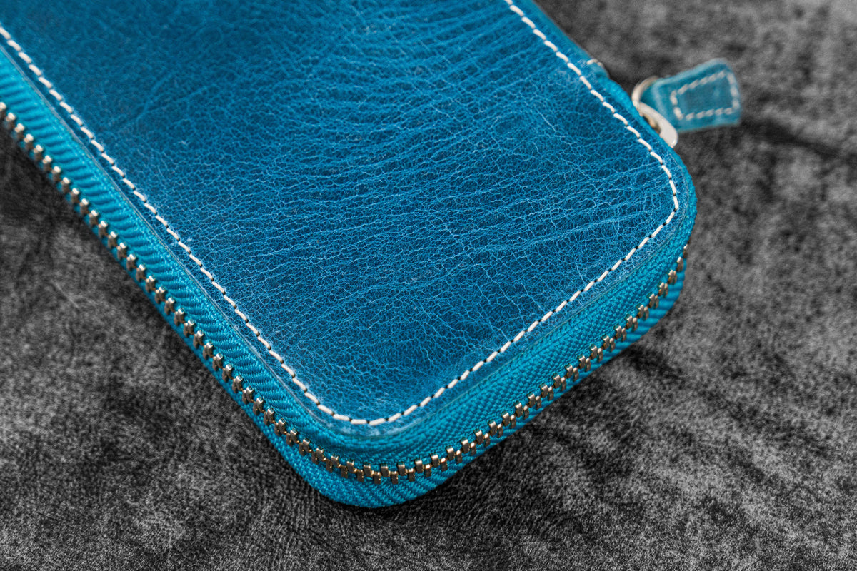 Galen Leather Zippered 6 Slots Pen Case - Crazy Horse Ocean Blue