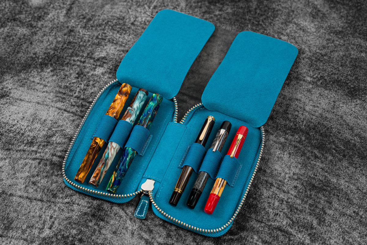 Galen Leather Zippered 6 Slots Pen Case - Crazy Horse Ocean Blue