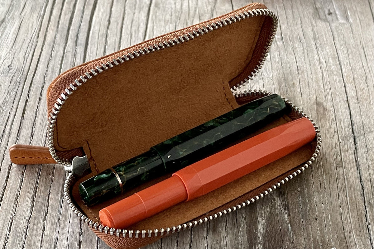 Galen Leather Zippered 2 Slots Pen Case for Kaweco Pocket Pen - Crazy Horse Brown
