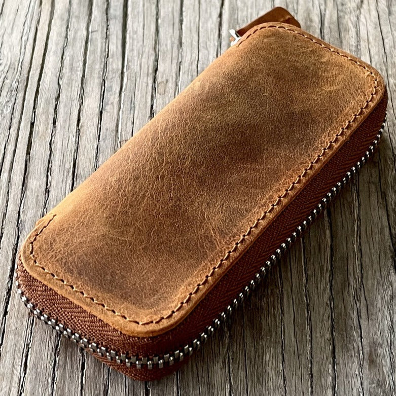 Galen Leather Zippered 2 Slots Pen Case for Kaweco Pocket Pen - Crazy Horse Brown