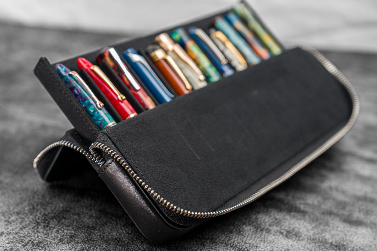 Galen Leather Zippered 12 Slots Magnum Opus Pen Case - Black (with Removable Pen Tray)