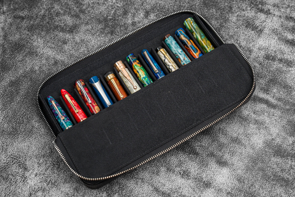 Galen Leather Zippered 12 Slots Magnum Opus Pen Case - Black (with Removable Pen Tray)