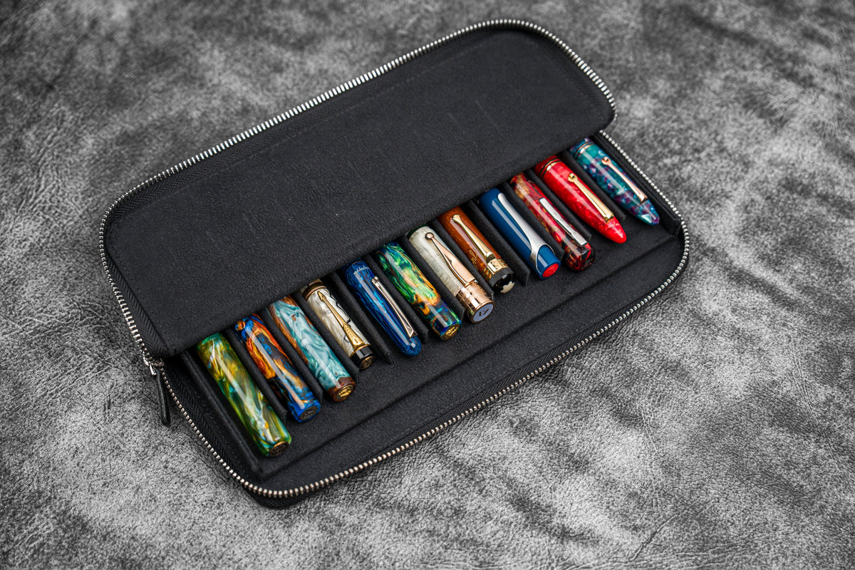 Galen Leather Zippered 12 Slots Magnum Opus Pen Case - Black (with Removable Pen Tray)