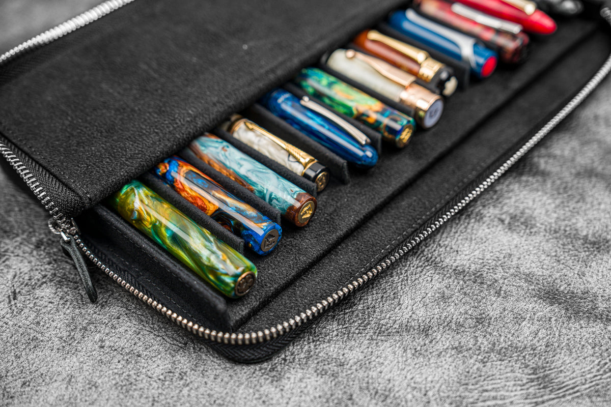 Galen Leather Zippered 12 Slots Magnum Opus Pen Case - Black (with Removable Pen Tray)