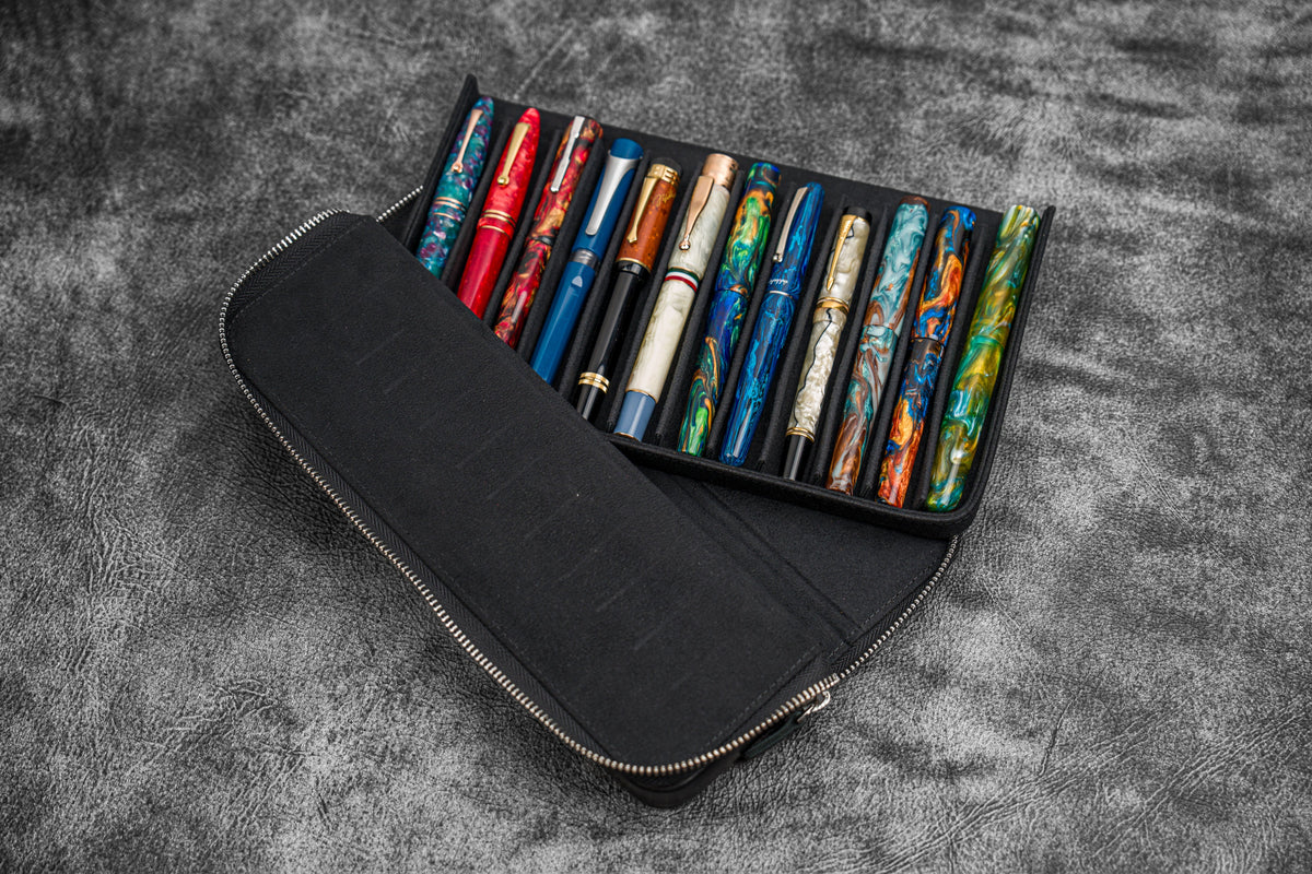 Galen Leather Zippered 12 Slots Magnum Opus Pen Case - Black (with Removable Pen Tray)