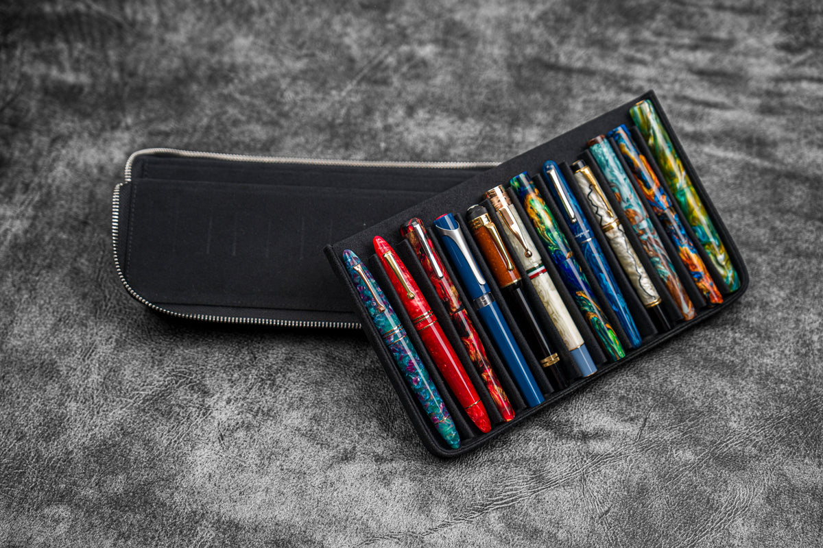 Galen Leather Zippered 12 Slots Magnum Opus Pen Case - Black (with Removable Pen Tray)