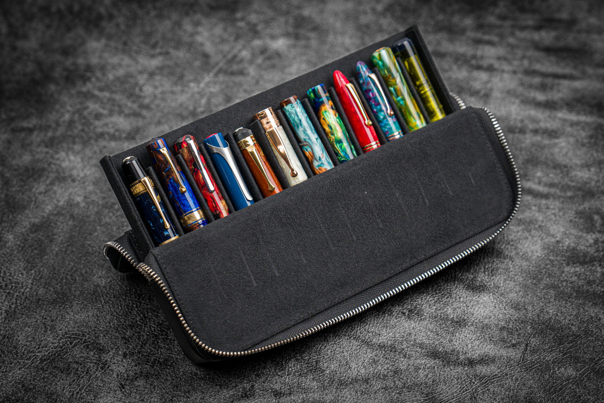 Galen Leather Zippered 12 Slots Magnum Opus Pen Case - Black (with Removable Pen Tray)