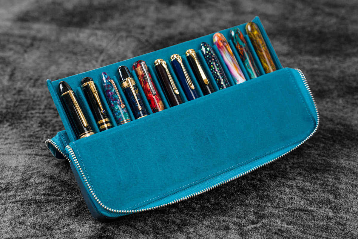 Galen Leather Zippered 12 Slots Magnum Opus Pen Case - Crazy Ocean Blue (with Removable Pen Tray)