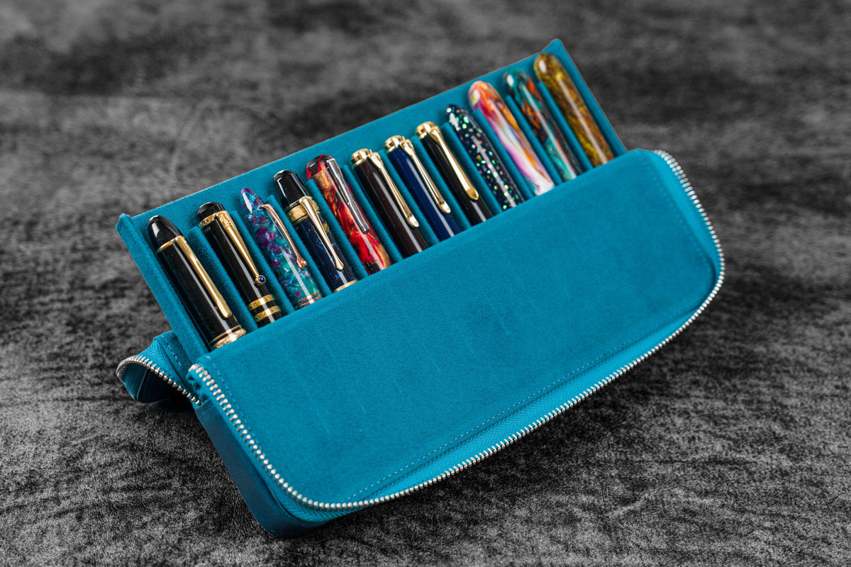 Galen Leather Zippered 12 Slots Magnum Opus Pen Case - Crazy Ocean Blue (with Removable Pen Tray)