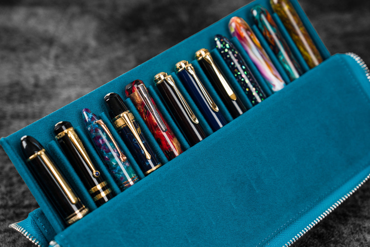 Galen Leather Zippered 12 Slots Magnum Opus Pen Case - Crazy Ocean Blue (with Removable Pen Tray)